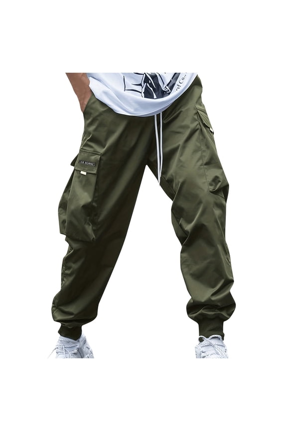Men's Summer Solid Color Casual Cargo Pants Drawstring Elastic Waist Jogger Sweatpants Lightweight Patchwork Pants with Pocket Green* XL