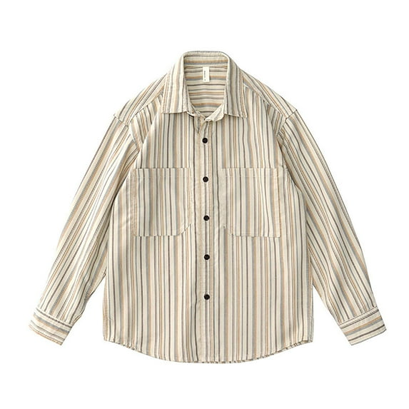 LNWUY Men's Vintage Casual Fall Lightweight Striped Button Pocket Lapel Shirts Fashion Long Sleeve Linen Shirt Beige XL