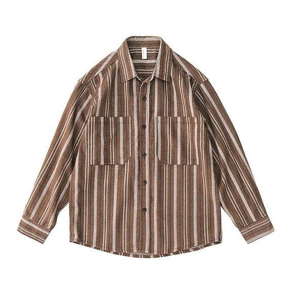 LNWUY Men's Vintage Casual Fall Lightweight Striped Button Pocket Lapel Shirts Fashion Long Sleeve Linen Shirt Brown L