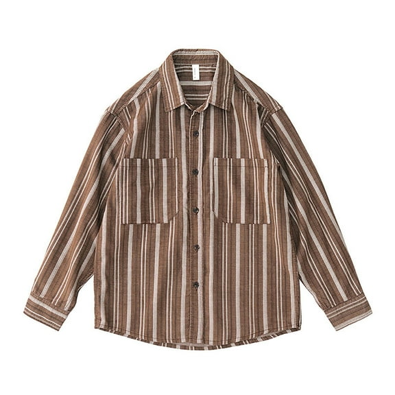 LNWUY Men's Vintage Casual Fall Lightweight Striped Button Pocket Lapel Shirts Fashion Long Sleeve Linen Shirt Brown XL