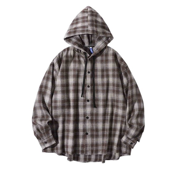 LNWUY Men's Vintage Casual Plaid Printed Hoodies Button Down Drawstring Long Sleeve Shirt Top Fleece Hooded Pullover Sweatshirts Brown XL