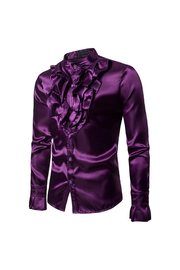 Men's Vintage Dress Shirt Solid Long Sleeve Satin Silk Ruffle Chest Stand Collar Button Down Retro Party Blouse Top Purple XXL