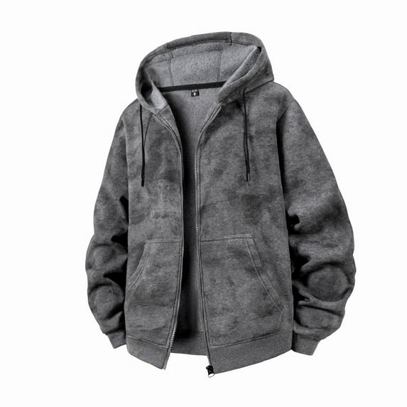 LNWUY Men's Vintage Long Sleeved Hooded Zip Up Hoodie Heavyweight Winter Sweatshirt Fleece Sherpa Lined Warm Jacket Gray S