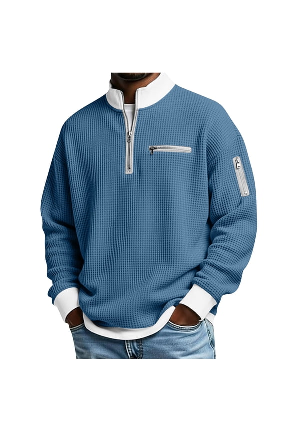 Men's Waffle T-Shirt Long Sleeve Half Zip Solid Color Traditional Vintage Casual Color Block Zipper Pocket Pullover Top Blue XL