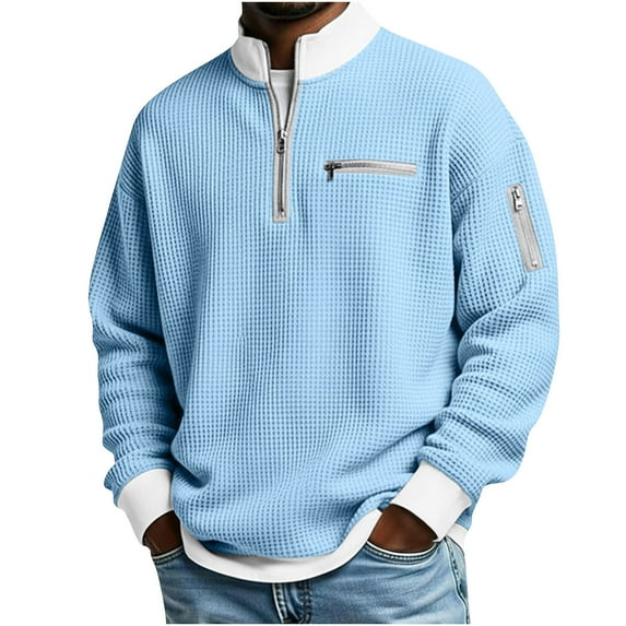 LNWUY Men's Waffle T-Shirt Long Sleeve Half Zip Solid Color Traditional Vintage Casual Color Block Zipper Pocket Pullover Top Blue XXL