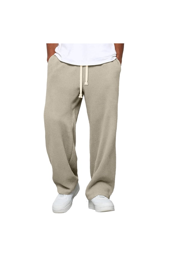 Men's Waffle Weave Elastic Waist Drawstring Pocket Pants Elastic Waist Sport Work Solid Color Casual Trouser Pants Yellow S