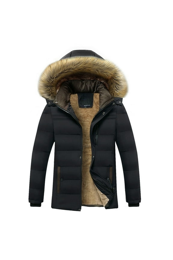 Men's Warm Parka Hooded Puffer Jacket Thickened Padded Windproof Coat Fleece Lined Parka Jacket With Faux Leather Hood Black L