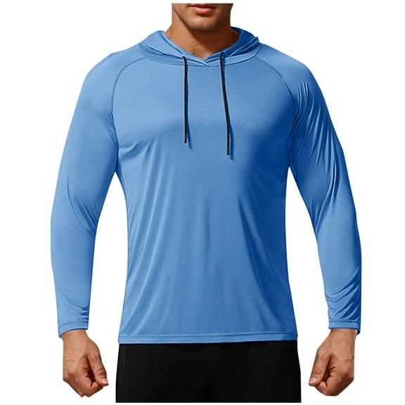 LNWUY Men's Workout Long Sleeve Athletic Workout Gym Shirts UPF 50+ Sun Protection Quick Dry Lightweight Hoodies Blue XL