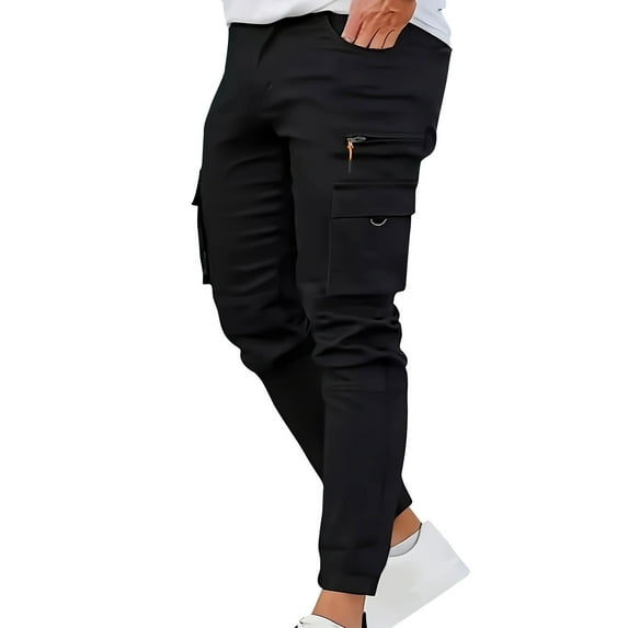 LNWUY Mens Cargo Jogger Pants Drawstring Elastic Waist Slim Fit Stretch Zipper Pockets Thick Cotton Pants for Men Black M