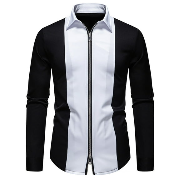 LNWUY Mens Casual Fashion Dress Shirts Patchwork Long Sleeve Button Down Shirt Business Casual Regular Fit Lapel Blouse Shirt Black L