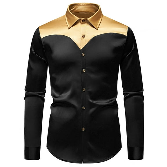 LNWUY Mens Casual Fashion Dress Shirts Patchwork Long Sleeve Button Down Shirt Business Casual Regular Fit Lapel Blouse Shirt Black M