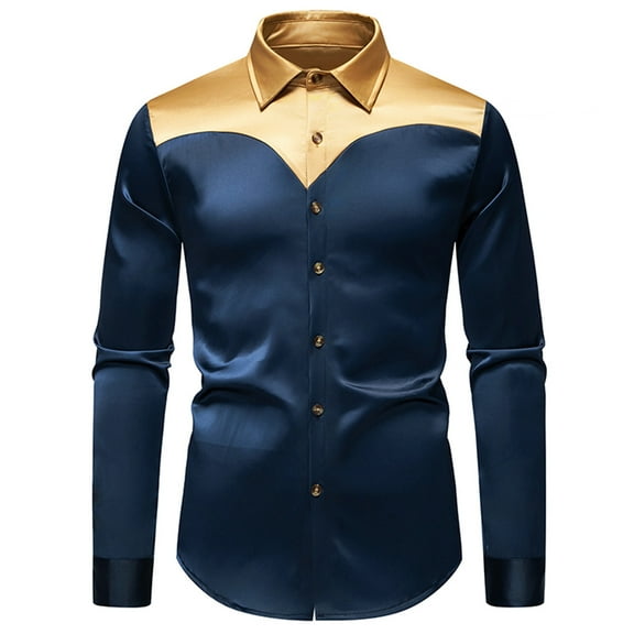 LNWUY Mens Casual Fashion Dress Shirts Patchwork Long Sleeve Button Down Shirt Business Casual Regular Fit Lapel Blouse Shirt Blue L