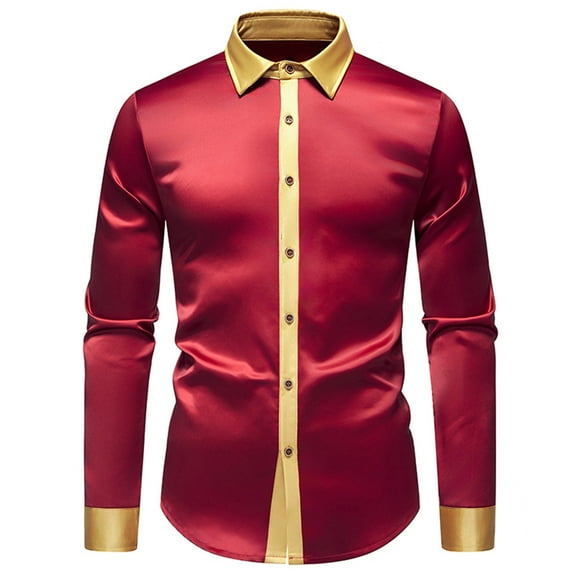 LNWUY Mens Casual Fashion Dress Shirts Patchwork Long Sleeve Button Down Shirt Business Casual Regular Fit Lapel Blouse Shirt Red XL