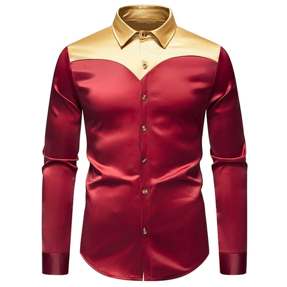 LNWUY Mens Casual Fashion Dress Shirts Patchwork Long Sleeve Button Down Shirt Business Casual Regular Fit Lapel Blouse Shirt Red XXL
