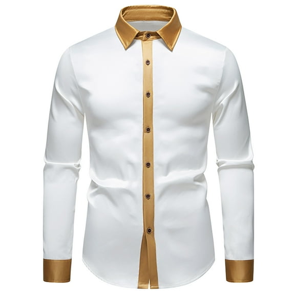 LNWUY Mens Casual Fashion Dress Shirts Patchwork Long Sleeve Button Down Shirt Business Casual Regular Fit Lapel Blouse Shirt White XXL
