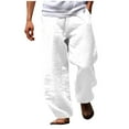thumbnail image 1 of LNWUY Mens Casual Linen Pants Loose Fit Elastic Drawstring Waist Straight Leg Hippie Trousers Solid Summer Yoga Beach Long Pants White XXXL, 1 of 3