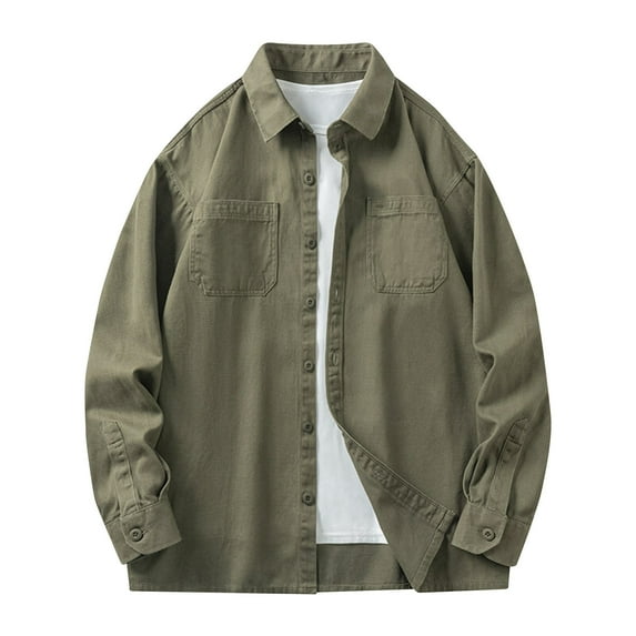 LNWUY Mens Casual Personality Solid Color Button Pocket Lapel Fashion Long Sleeve Cardigan Shirt Lightweight Casual Cotton Overshirt Green M