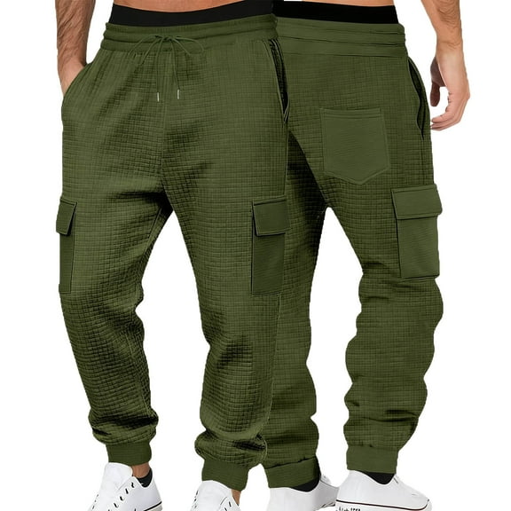 LNWUY Mens Casual Solid Color Cargo Sweatpants Heavyweight Elastic Waist with Pockets Baggy Drawstring Jogger Pants Green L