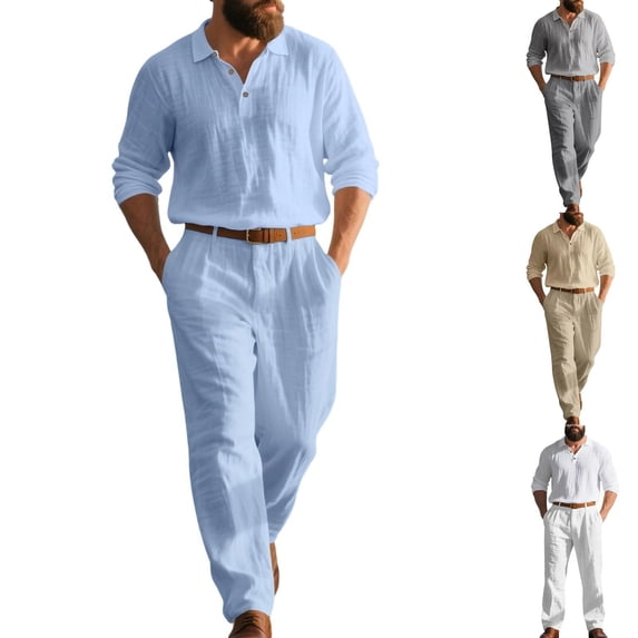 LNWUY Mens Casual Track Suits Men's 2 Piece Set Long Sleeve Slim Fit Button Lapel Tops Long Pants Solid Color Linen Suit Black L