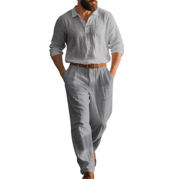 LNWUY Mens Casual Track Suits Men's 2 Piece Set Long Sleeve Slim Fit Button Lapel Tops Long Pants Solid Color Linen Suit Gray XXL