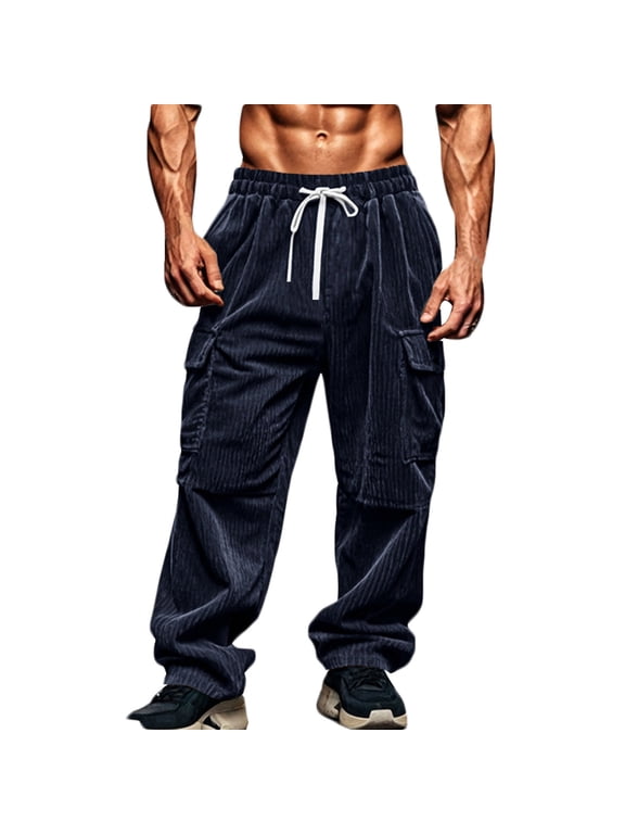 Mens Corduroy Cargo Pants Vintage Loose Comfy Breathable Straight Fit Drawstring Trousers Stretch Waist Athletic Workout Pants Navy XXL