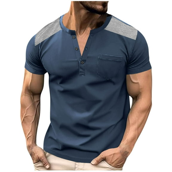 LNWUY Mens Cotton Henley Shirts Short Sleeve Casual T-Shirts Summer Color Block Comfort Breathable Button T Shirts with Pocket Dark Blue XXXL