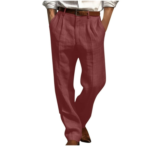LNWUY Mens Cotton Linen Pants Casual Loose Straight Leg Solid Pants With Double Pleated Front Pocket Trouser Yoga Beach Pants Red XL