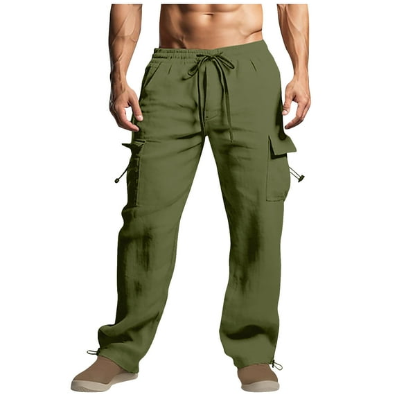 LNWUY Mens Cotton and Linen Casual Cargo Pants Joggers Elastic Waist Stretch Drawstring Relaxed Fit Hiking Trousers with Multi Pockets Green* XXL