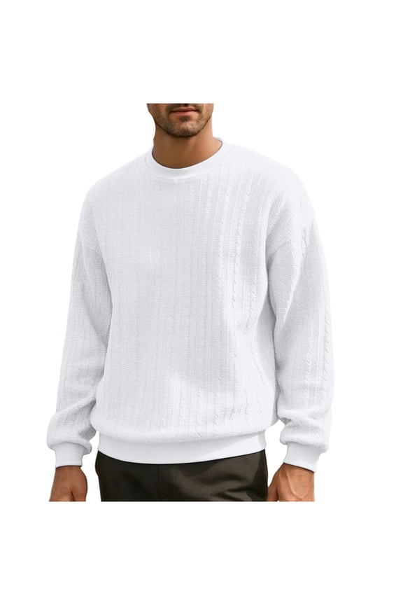 Mens Crewneck Pullover Sweaters Business Casual Long Sleeve Slim Fit Sweater Chunky Cable Knit Sweater Top White S