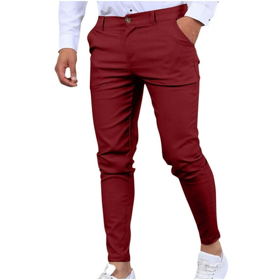 LNWUY Mens Fashion Dress Pants Slim Fit Casual Business Dress Pants Classic Work Pants Summer Straight Leg Daily Thin Solid Color Trousers Wine S
