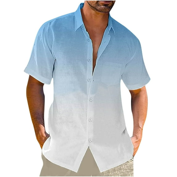 LNWUY Mens Fashion Gradient Linen Shirts Casual Button Down Short Sleeve Beach Summer Loose Comfortable Breathable Shirts with Pocket Blue XXL