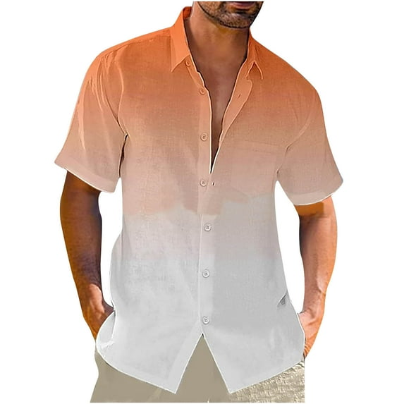 LNWUY Mens Fashion Gradient Linen Shirts Casual Button Down Short Sleeve Beach Summer Loose Comfortable Breathable Shirts with Pocket Orange M