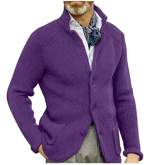 LNWUY Mens Fashion Long Sleeve Cardigan Sweater Jackets Long Sleeve Shawl Collar Buttons Down Cable Knit Casual Sweater Purple XXXXL