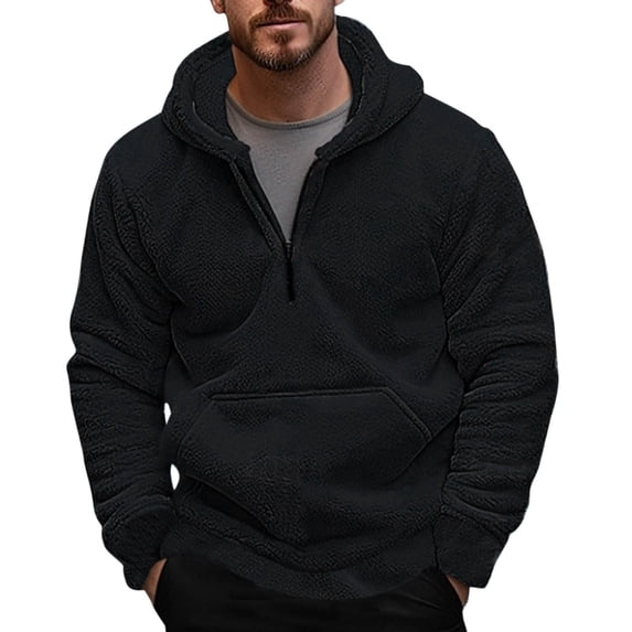 LNWUY Mens Fashion Solid Color Fuzzy Sherpa Pullover Hoodies 1/4 Zip Up Fluffy Hooded Sweatshirts with Pockets Black L