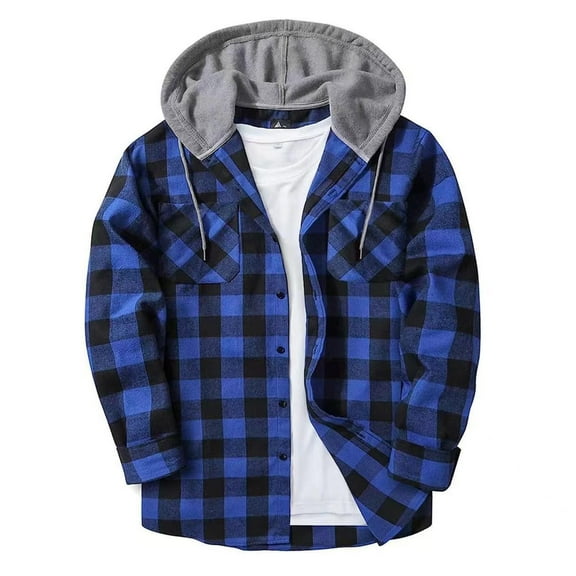 LNWUY Mens Flannel Hoodie Shirt Casual Button Down Plaid Shirt Jacket Classic Drawstring Long Sleeve Shacket with Pockets Blue L