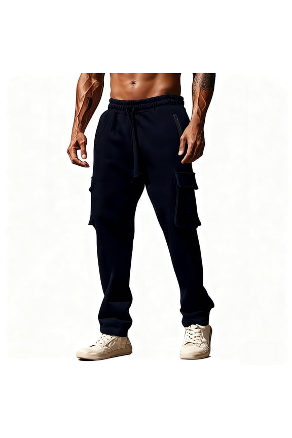 Mens Fleece Cargo Sweatpants Fall and Winter Heavyweight Elastic Waist Pants with Pockets Baggy Drawstring Jogger Pants Blue XL