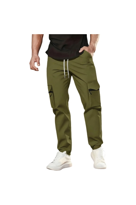 Mens Fleece Cargo Sweatpants Heavyweight Solid Color Drawstring Elastic Waist Pocket Zipper Trousers Baggy Jogger Pants Green L