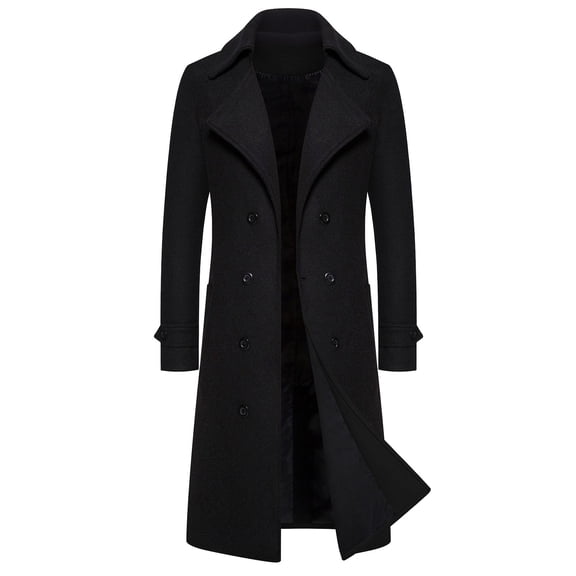 LNWUY Mens Full Length Winter Trench Coat Double Breasted Woolen Warm Long Windbreaker Notch Lapel Solid Overcoat Peacoat Black XXXXL