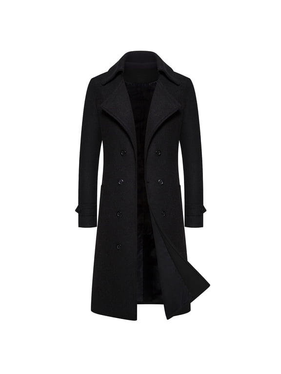 Mens Full Length Winter Trench Coat Double Breasted Woolen Warm Long Windbreaker Notch Lapel Solid Overcoat Peacoat Black XXXXL