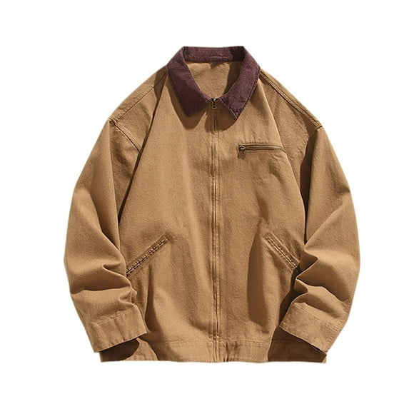 LNWUY Mens Full Zip Jackets Lapel Collar Solid Color Outdoor Lightweight Jacket with Pockets Casual Fashion Cardigan Shirts Khaki XL