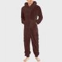 LNWUY Mens Furry Lounge Romper Onesie Thick Warm Fleece Hooded Jumpsuits Soft Pajamas Ankle Length Full Zip Sleepwear with Pockets Brown S
