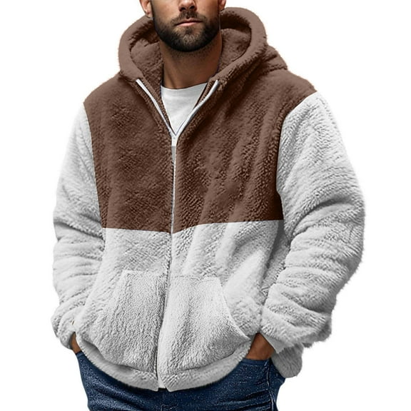 LNWUY Mens Fuzzy Sherpa Jacket Fleece Color Blocked Long Sleeve Full-Zip Hooded Shirt Casual Warm Winter Jacket Coats Outdoor Brown XXL