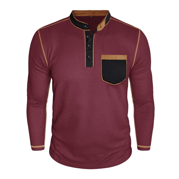 LNWUY Mens Henley Shirt Long Sleeve Casual Waffle Round Neck Button T-Shirts Fashion Soft Pullover Shirts with Pocket Red S