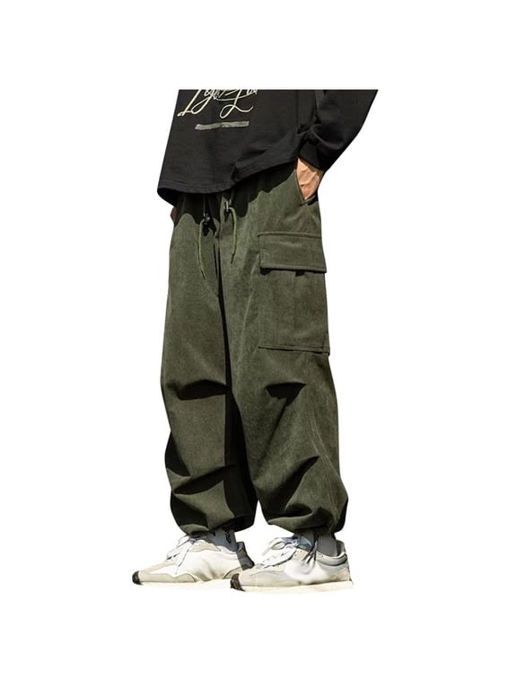 Mens Jogger Sport Pant Casual Gym Workout Sweatpant Pocket Baggy Drawstring Elastic Waist Cargo Pant Wide Leg Trouser Green* XL
