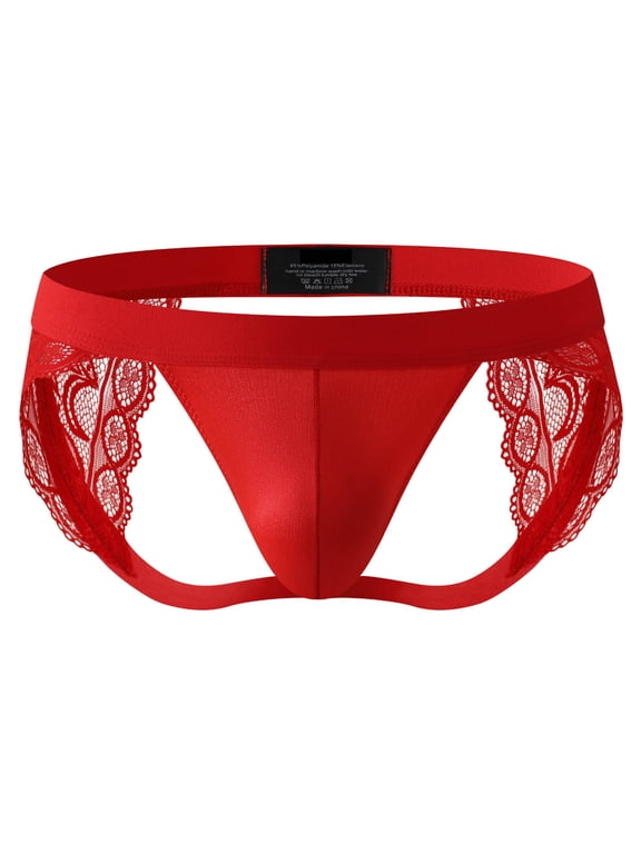 Mens Lace Jockstrap Underwear with 3D-Pouch Elastic Thong G-Strings Sheer Jock Straps for Men Pantie Red M