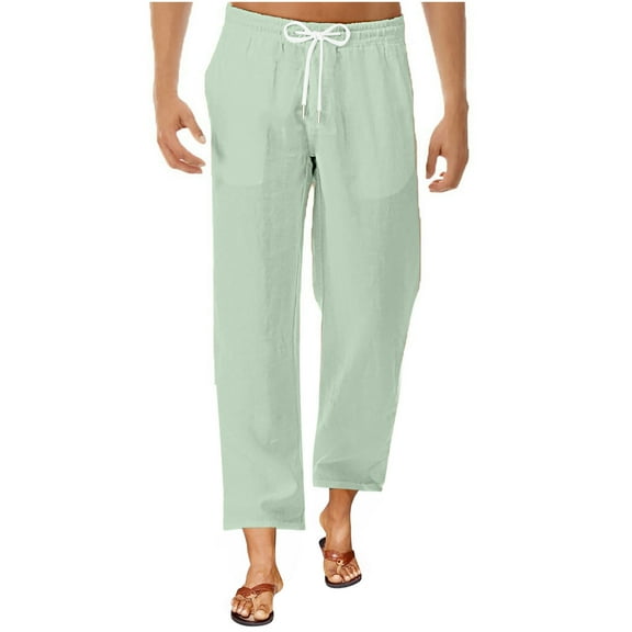 LNWUY Mens Linen Pants Casual Loose Comfy Breathable Summer Beach Pants Elastic Waist Drawstring Baggy Trousers with Pockets Green XL