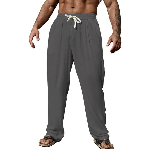 LNWUY Mens Linen Pants Wide Leg Pants Casual Summer Beach Pants Elastic Waist Drawstring Lightweight Vacation Trousers with Pockets Gray L