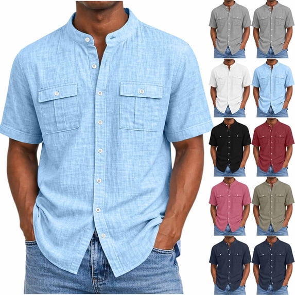 LNWUY Mens Linen Shirt Short Sleeve Button Down Collared Casual Work Shirts with 2 Pocket Lightweight Loose Fit Office Work Blue M
