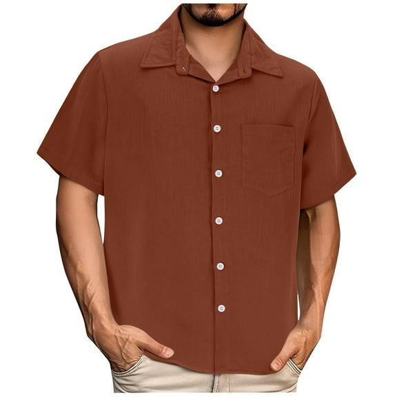 LNWUY Mens Linen Shirts Short Sleeve Button Down Shirts Cotton Summer Solid Color Casual Beach Shirts Vacation Hawaiian Shirts Coffee M