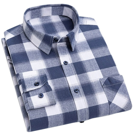 LNWUY Mens Long Sleeve Button Down Shirts Business Casual Dress Shirt for Men Cotton Classic Fit Plaid Shirts with Pocket Blue L